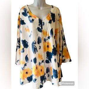 Tunic Top Size 4X  (fits Like 2X) Blue Yellow Floral Bell Sleeve Polyester